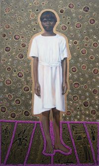 Julie Dowling, the House Girl, 2017, Acryl, roter Ocker, Plastik auf Leinwand, 118,1 x 71 cm, courtesy of Galerie Seippel, K&ouml;ln