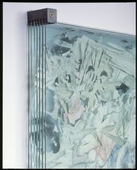 Stephen Cone Weeks, The Warriors, 2003, Zeichnung auf Spachtelmasse und Glas, 100 x 120 cm, 7 Glasscheiben, Holzsockel, Detail